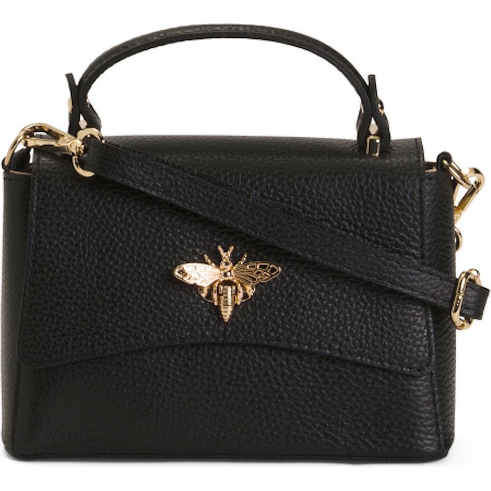 PERSAMAN LEATHER TERRA SMALL SATCHEL BAG BLACK WITH GOLD BEE CLASP CLOSURE NWOT